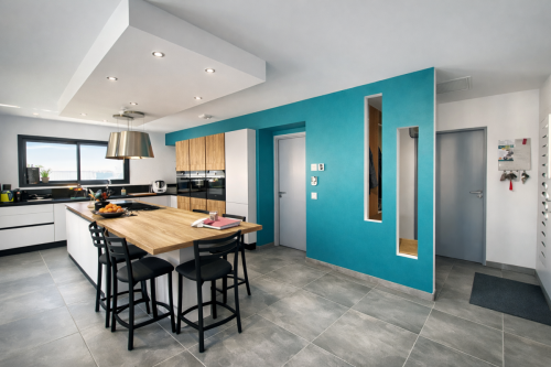 Cuisine moderne avec entrée turquoise