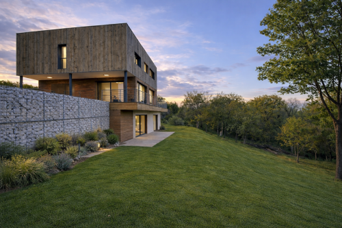 Maison moderne au crépuscule dans la verdure