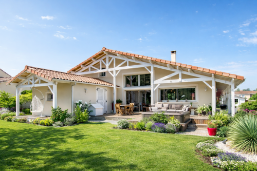 Maison moderne et jardin ensoleillé