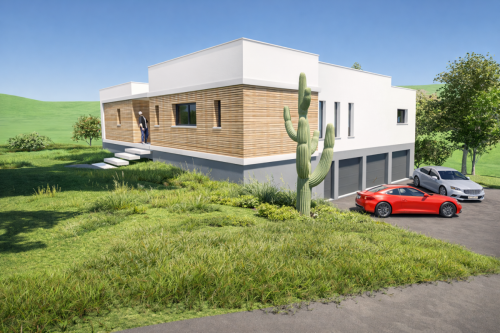 Maison contemporaine sur terrain en pente.