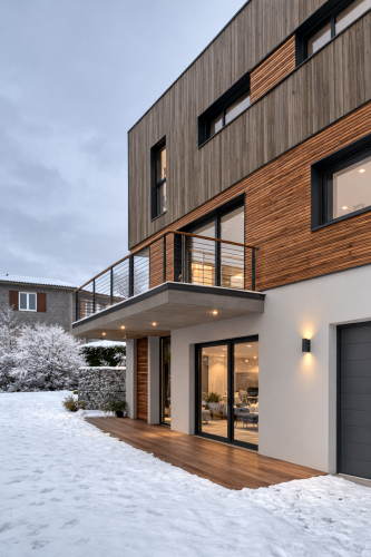 Maison moderne sous neige en hiver