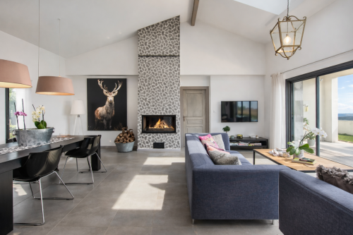 Salon contemporain avec cheminée originale